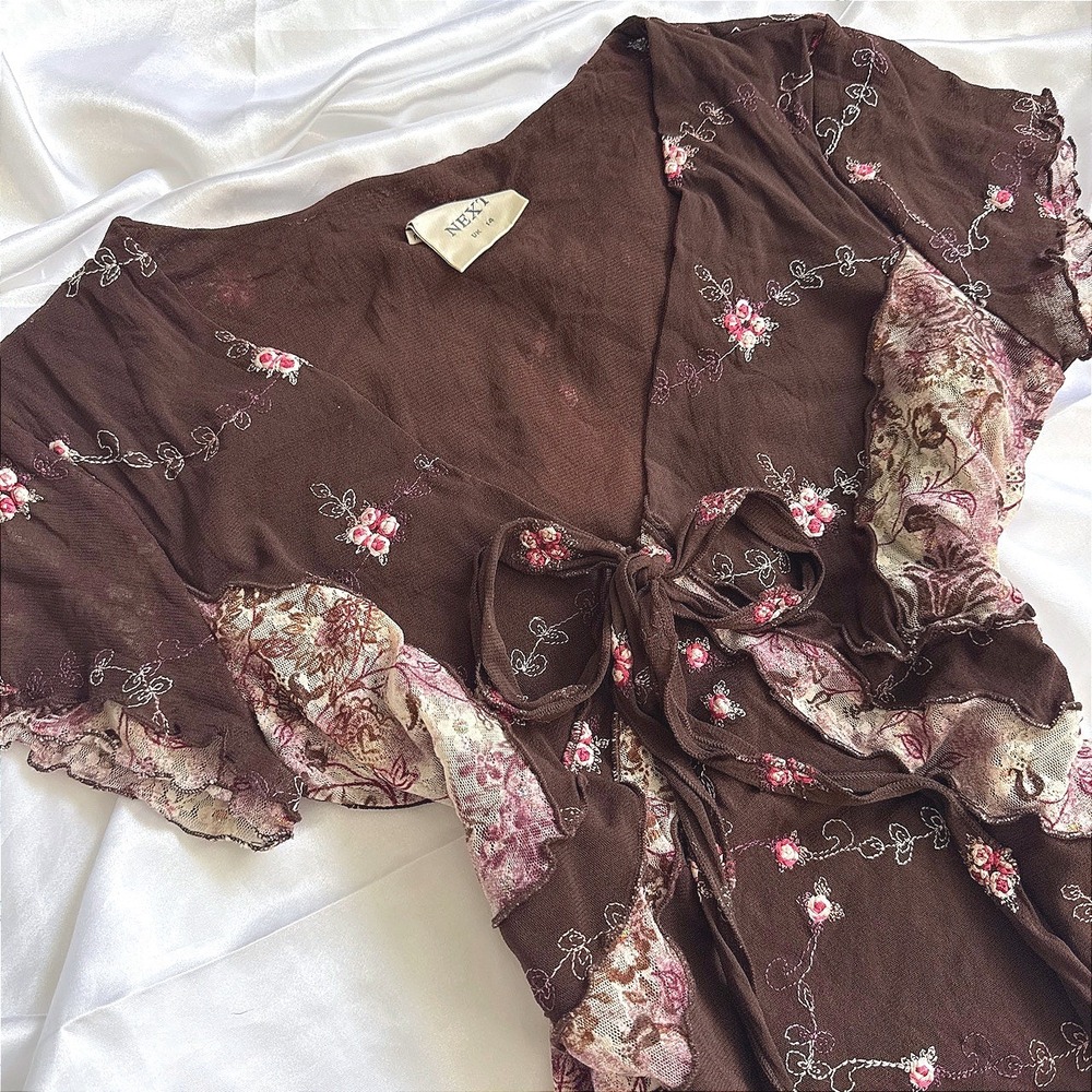 Next Brown Floral Embroidered Mesh Tie Front Ruffle Blouse V-Neck Flutter Sleeve